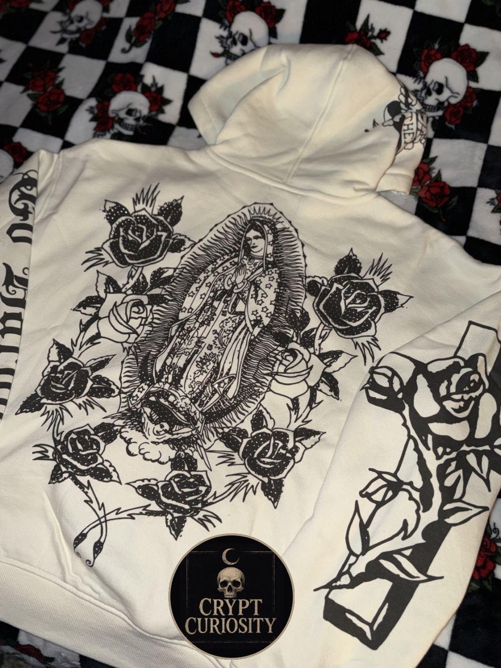 NWT Ed Hardy Guadalupe Rhinestone White Zip Up Hoodie